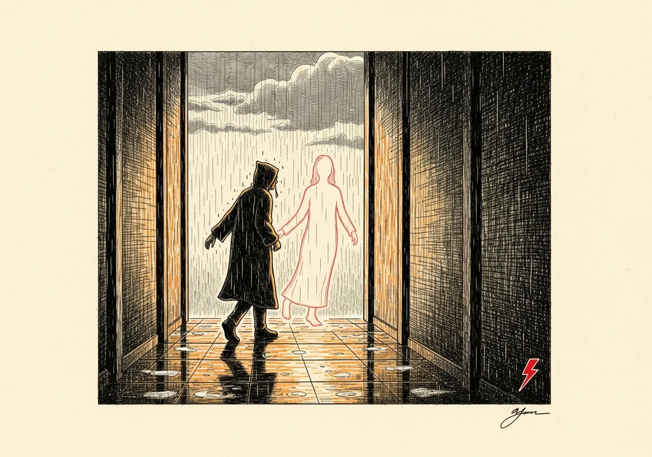 An etched pen-and-ink illustration with a red accent, evoking "As the sun hangs".