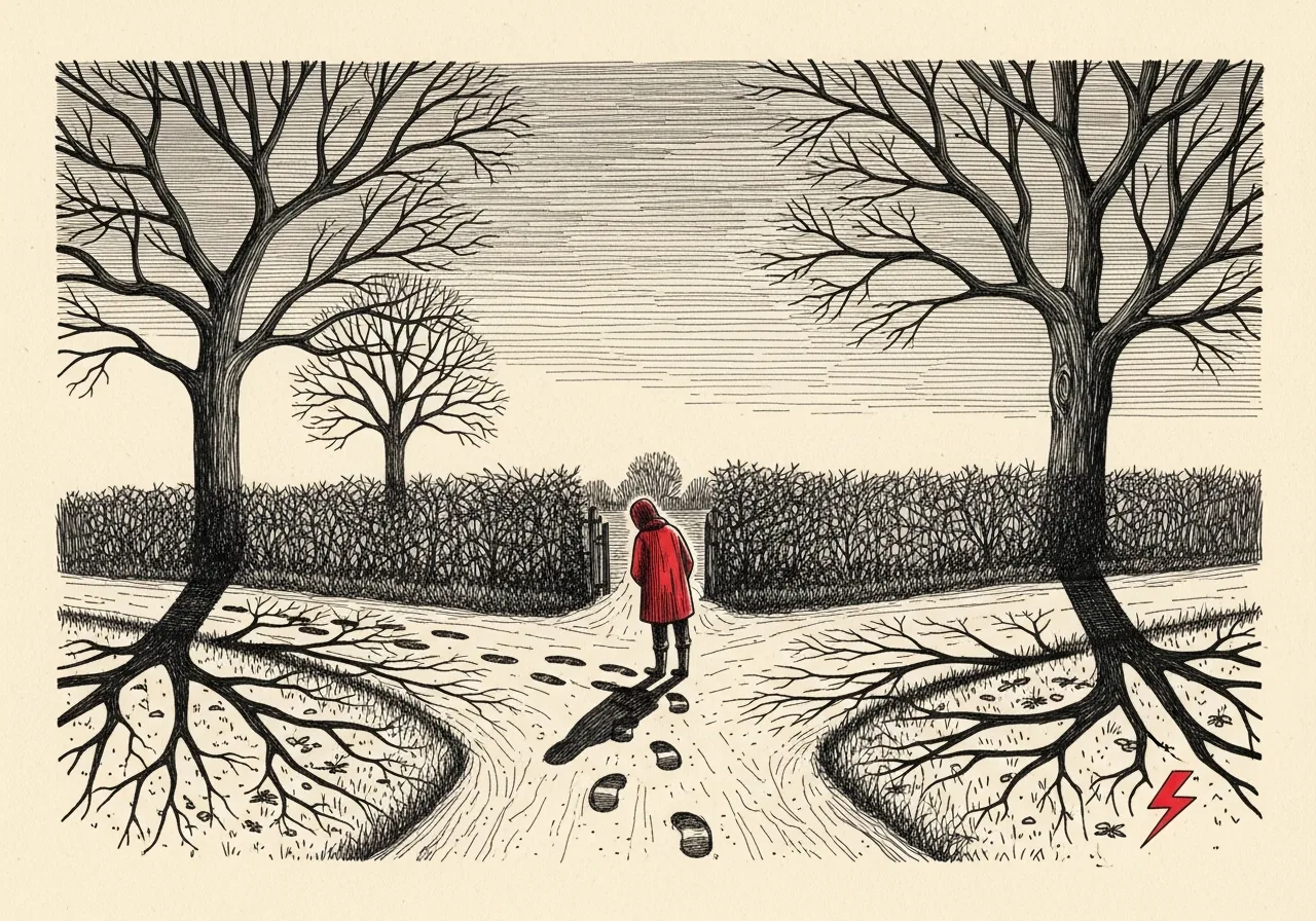 An etched pen-and-ink illustration with a red accent, evoking "It has been a pleasure to walk this way.".