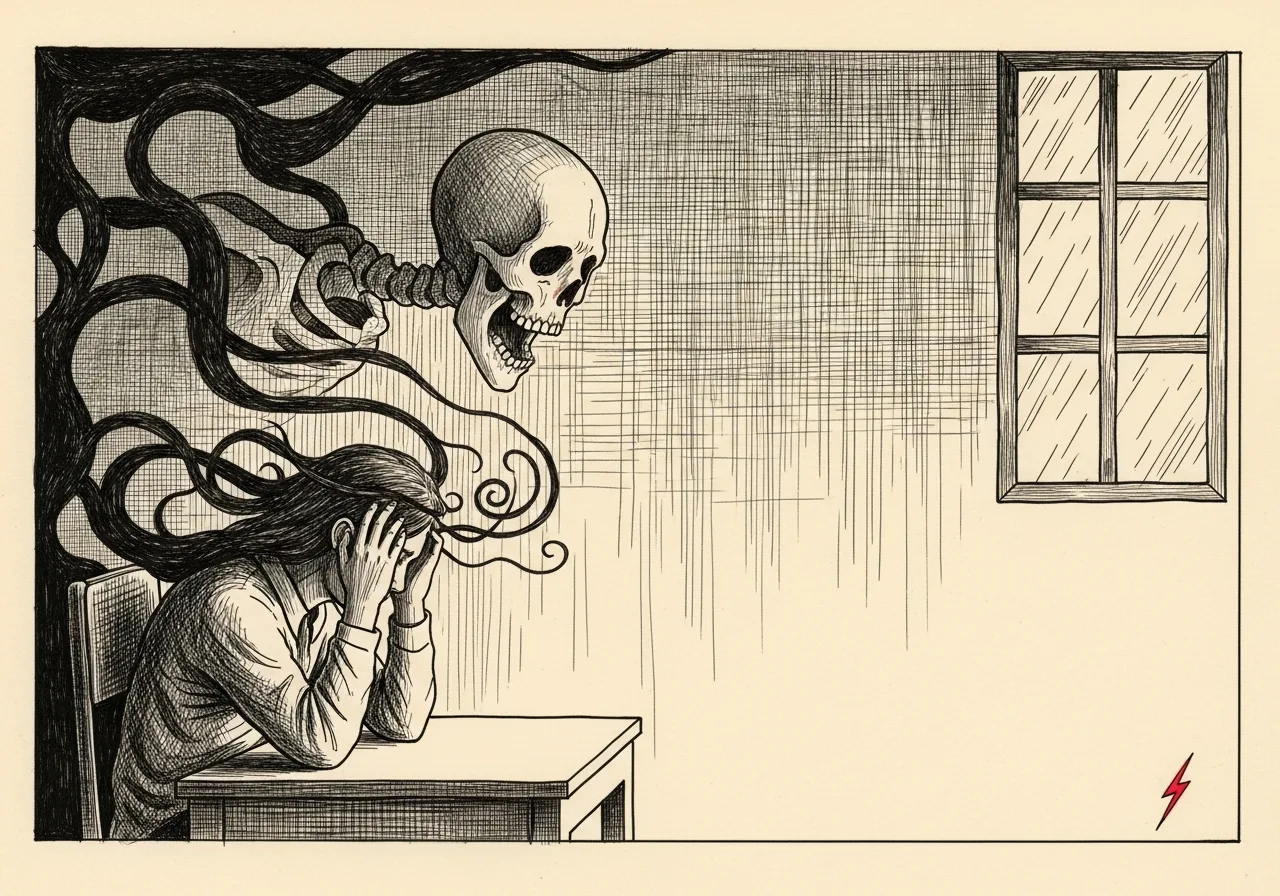 An etched pen-and-ink illustration with a red accent, evoking "Get out damned critic".