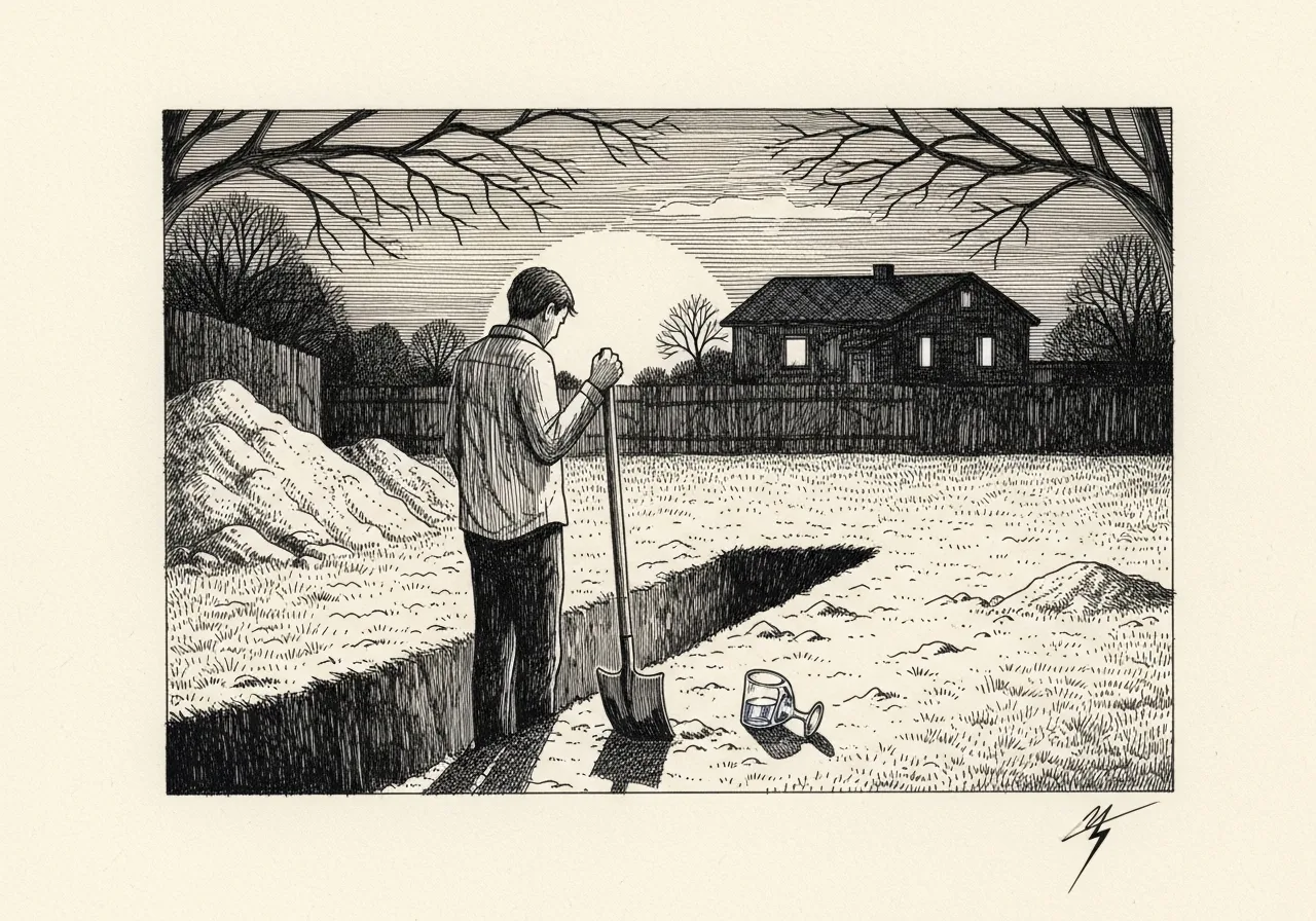 An etched pen-and-ink illustration with a blue accent, evoking "A quiet day, but cool enough.".