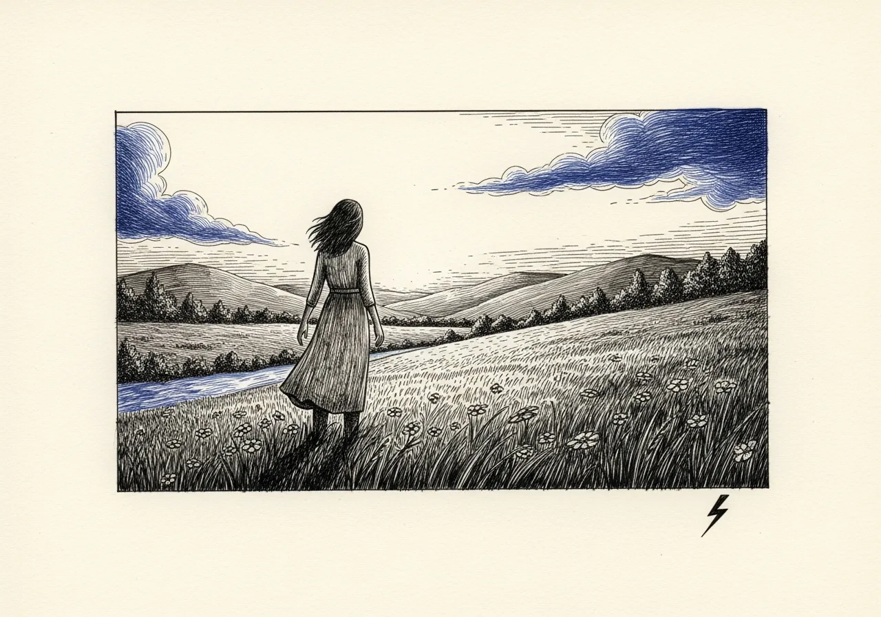 An etched pen-and-ink illustration with a blue accent, evoking "It was a nice, quiet day.".