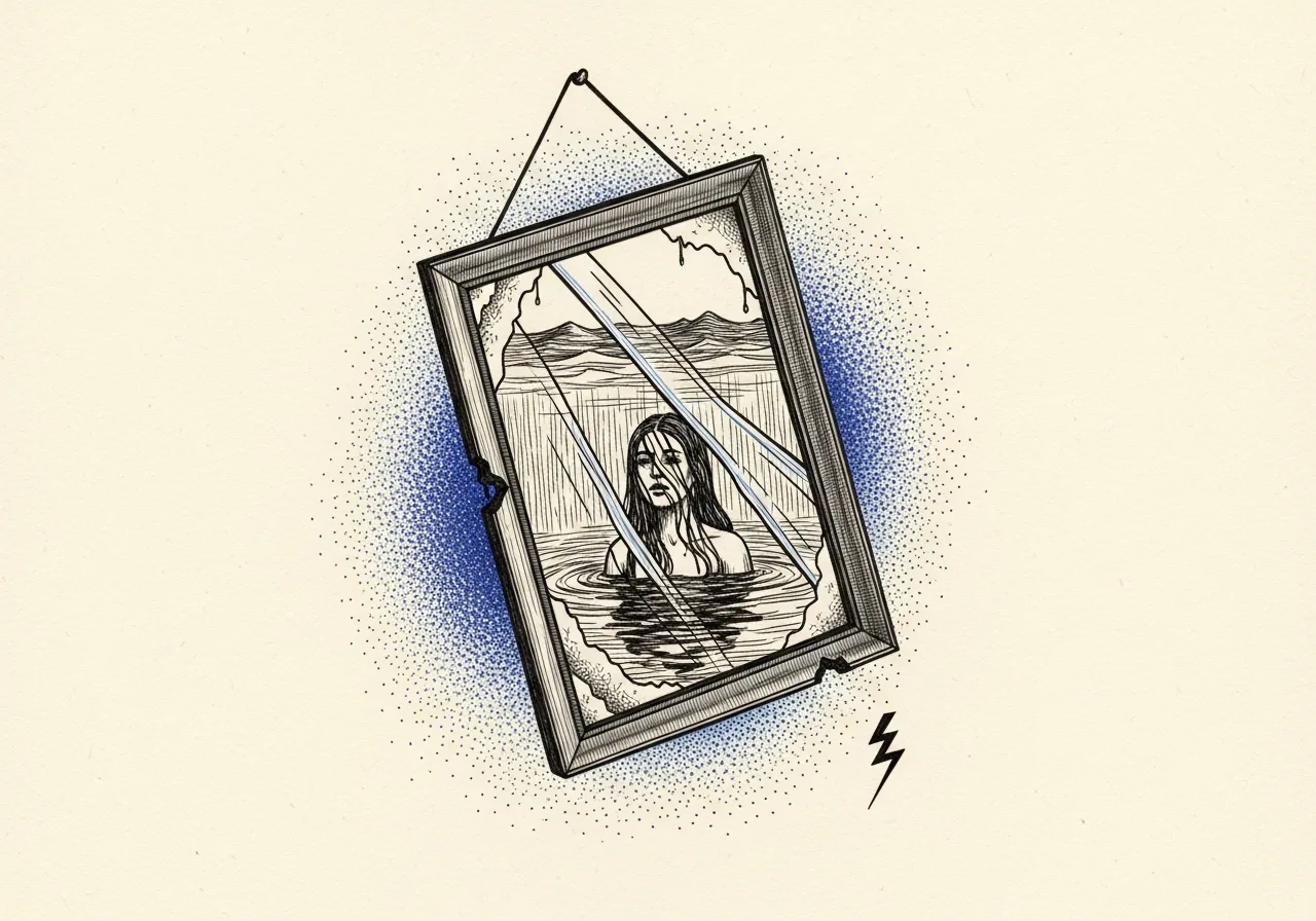 An etched pen-and-ink illustration with a blue accent, evoking "It is lamentable".